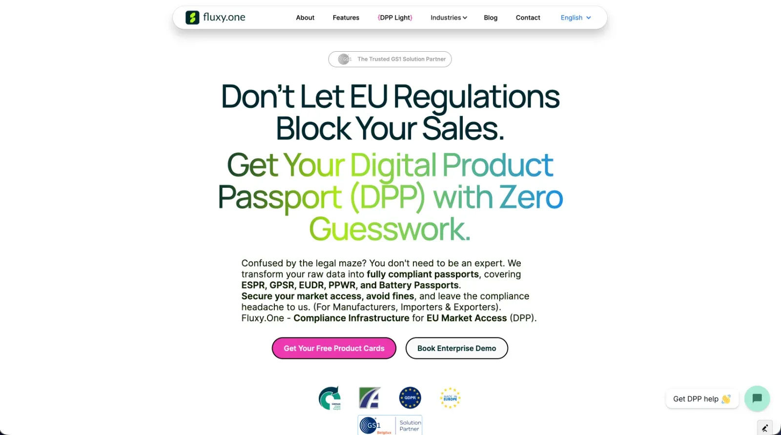 Fluxy.One EU Digital Product Passport platform — marketing site and product UI designed and built by Point-X