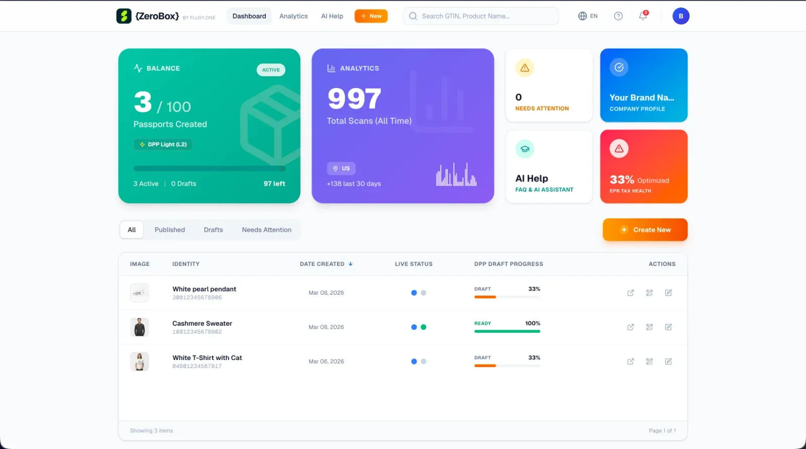 ZeroBox DPP-ready SaaS dashboard for SMEs — platform UI by Point-X